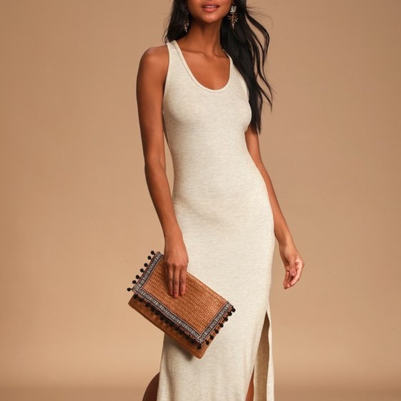 Lulus Relaxed But Not Least Beige Ribbed Sleeveless Maxi Dress - Size M - Picture 1 of 5